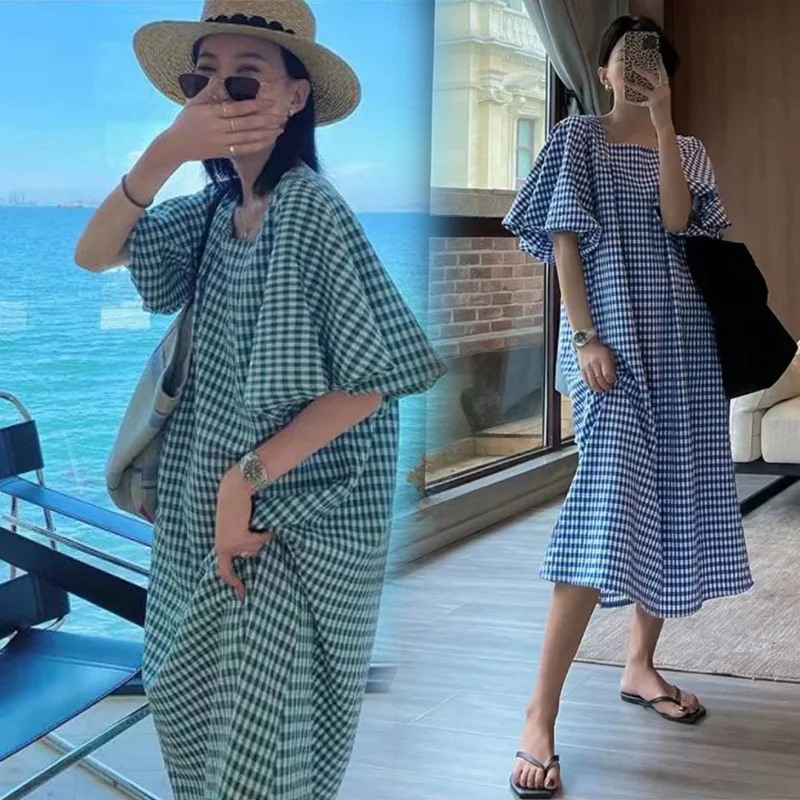 

Fashion Square Neck Plaid Puff Sleeve Loose Casual Dress Summer Women Korean Ladies Chic 2023 New Dresses Elegant Woman Dress