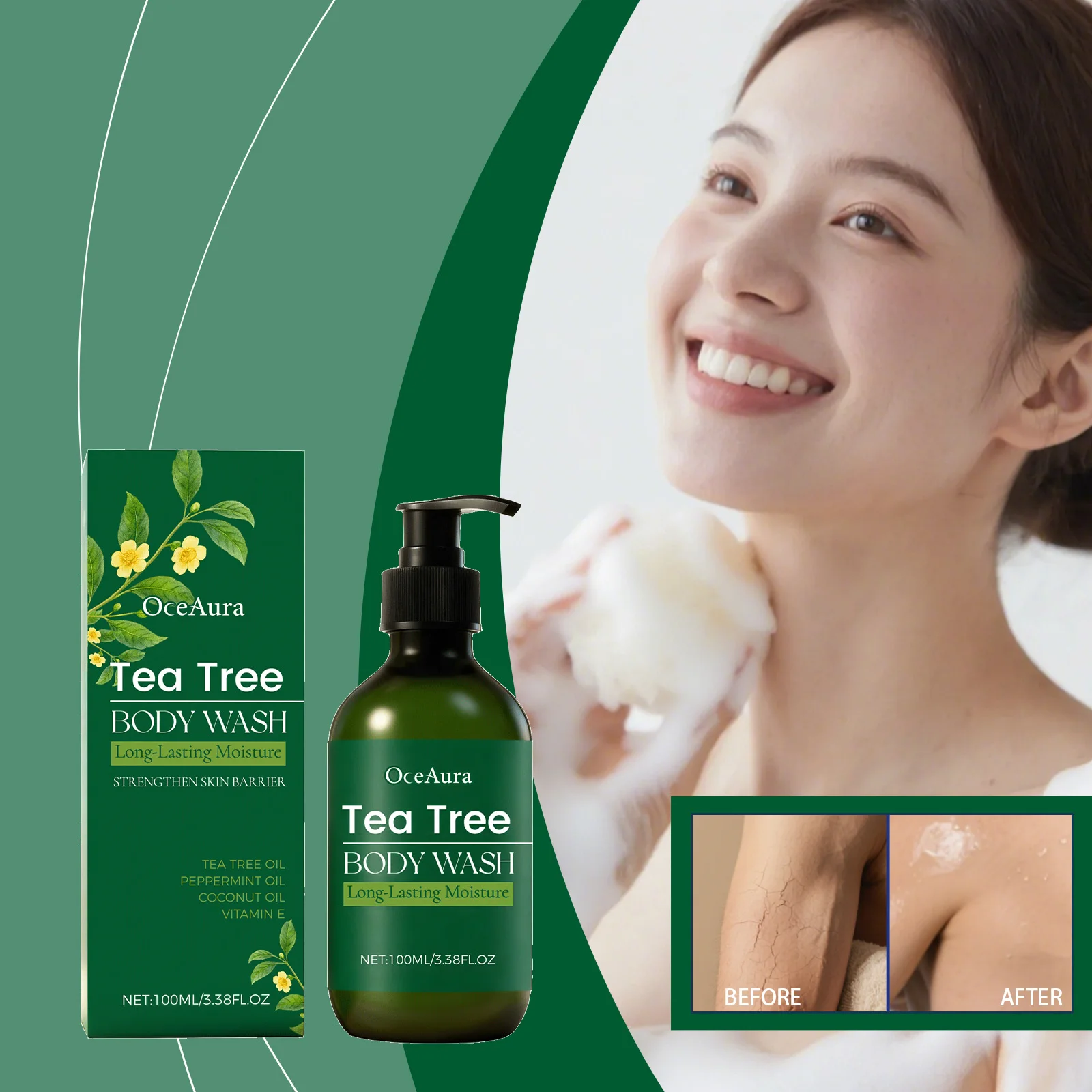 Gel Douche Rafraîchissant à l'Arbre à Thé Hydrate et Nourrit Rafraîchit la Peau Crée une Mousse Riche Idéal pour le Nettoyage Quotidien 100ml