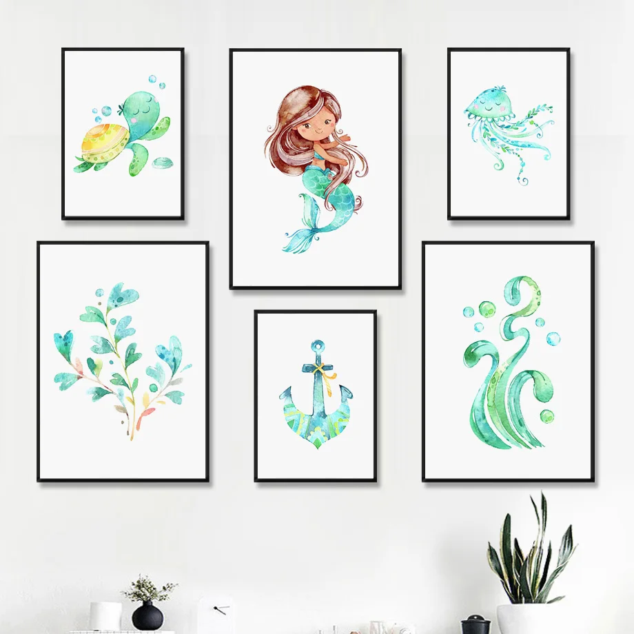 Sea Turtle Mermaid Squid Seaweed Anchor Cartoon Wall Art Canvas Painting Nordic Poster E Stampe Immagini A Parete Kids Room Decor
