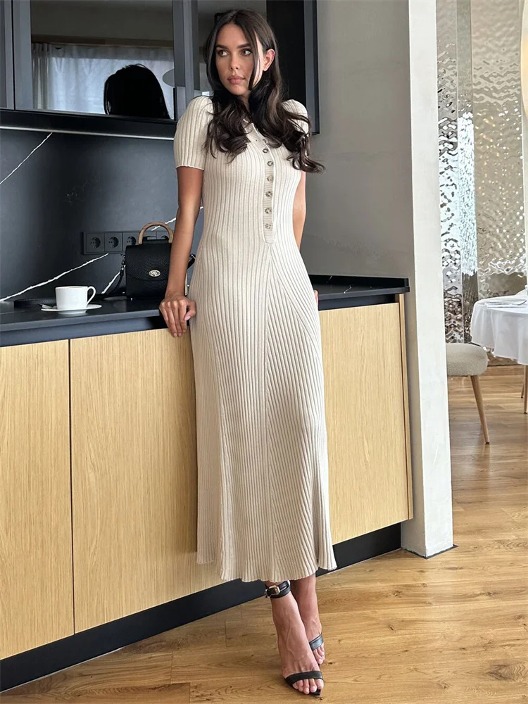 Frauen Hohe Taille Gestrickte Rippe Schlank Maxi Kleid Casual Lose Elegante Temperament Lange Kleid für Herbst Femme Einfarbig Kleid – Detail 18
