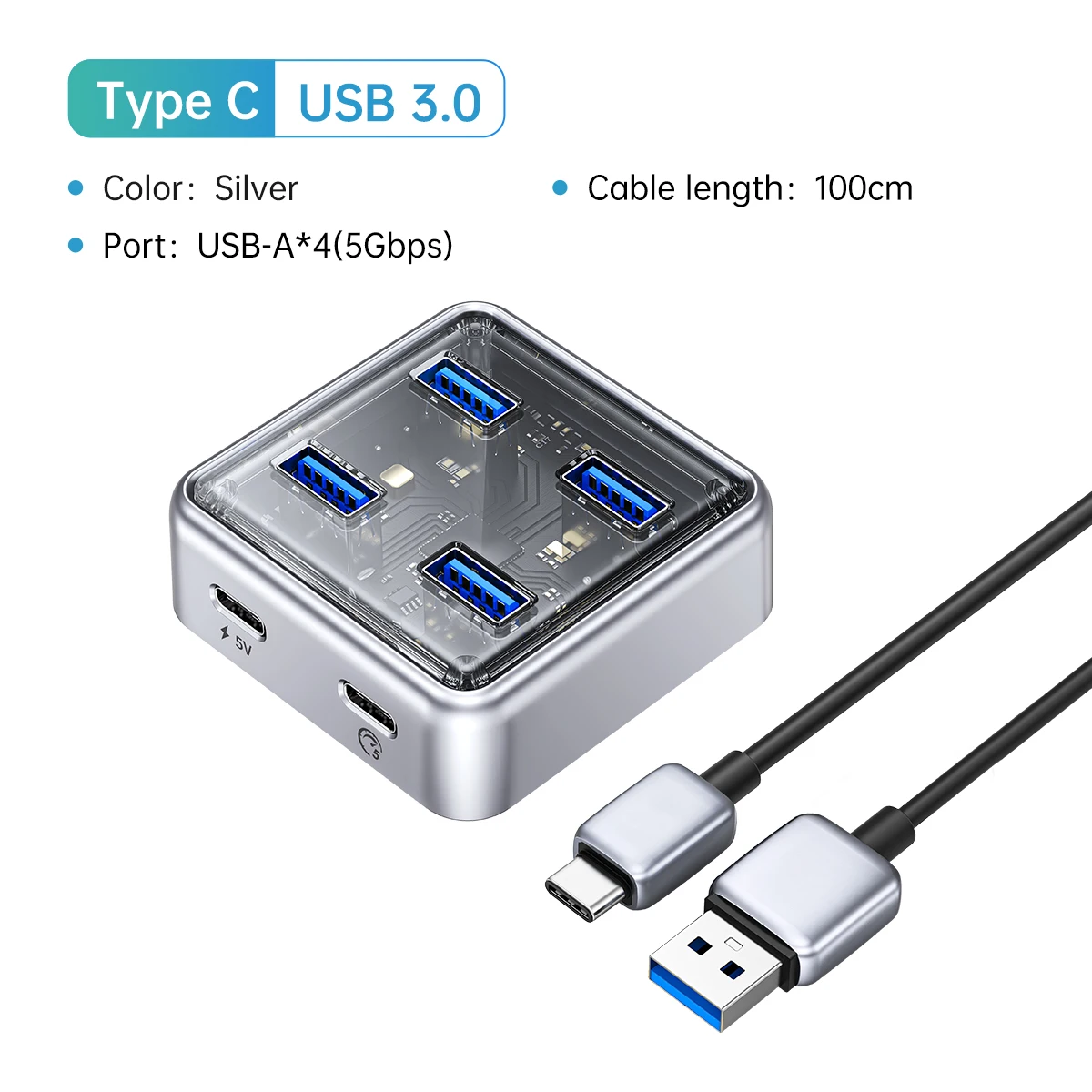 ORICO Transparent Usb C Hub 4 Port Expansion With Power thumbnail 1