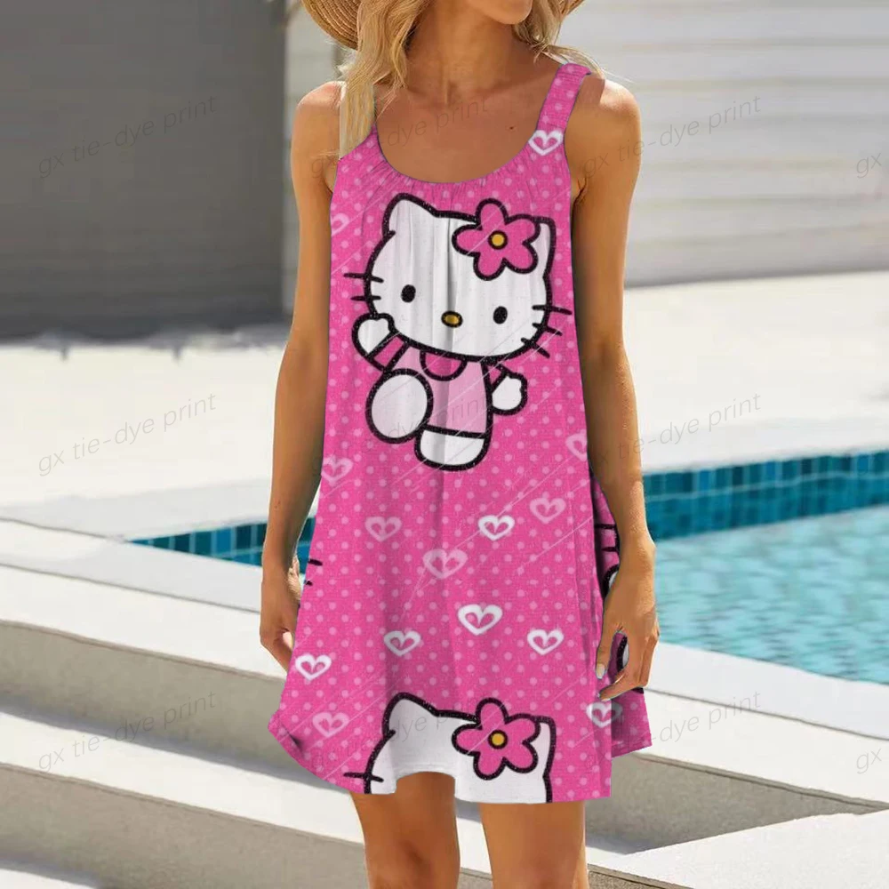 

Women Causual O Neck Sleeveless Ruffles Mini Dress Boho Hello Kitty Print Beach Sundress Oversized Loose Dress 2023 Summer