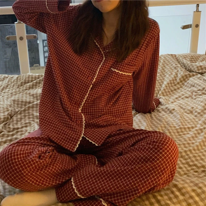 Pajama Sets Women Home Autumn Plaid Vintage Sleepwear Girls Cozy Lounge Classic Tender Korean Style Soft Comfort Chic Dormitory
