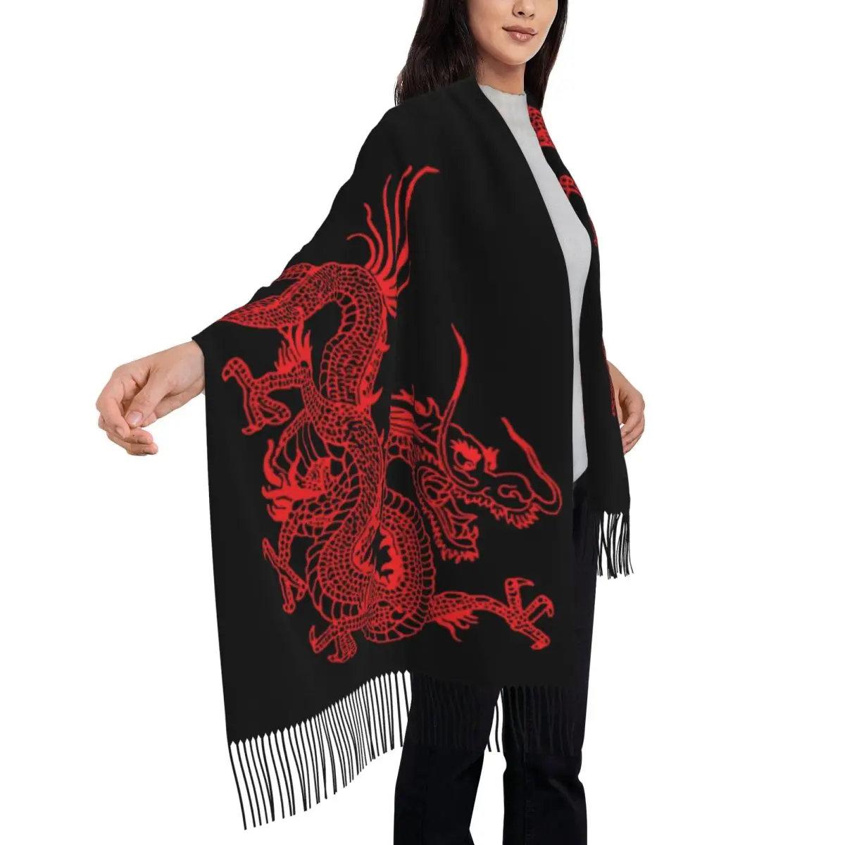 Female Long Red Chinese Dragon Scarves Women Winter Soft Warm Tassel Shawl Wraps Asian Oriental Style Art Scarf