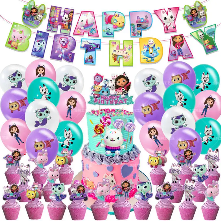 Fournitures de fête d'anniversaire sur le thème des chats de la maison de  courses de Gabby pour enfants, ensemble de décoration joyeux anniversaire,  bannière et ballons pour fille, jouets figurines - AliExpress