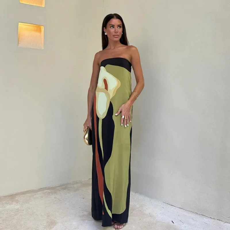 Sexy Strapless Backless Printed Long Dress Women Fashion Sleeveless Off Shoulder Vestidos 2024 Summer Lady Party Evening Robes 1