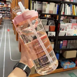 Large 2L Portable Straw Water Bottle with Time Marker for Outdoor Sports and Fitness (Pink)