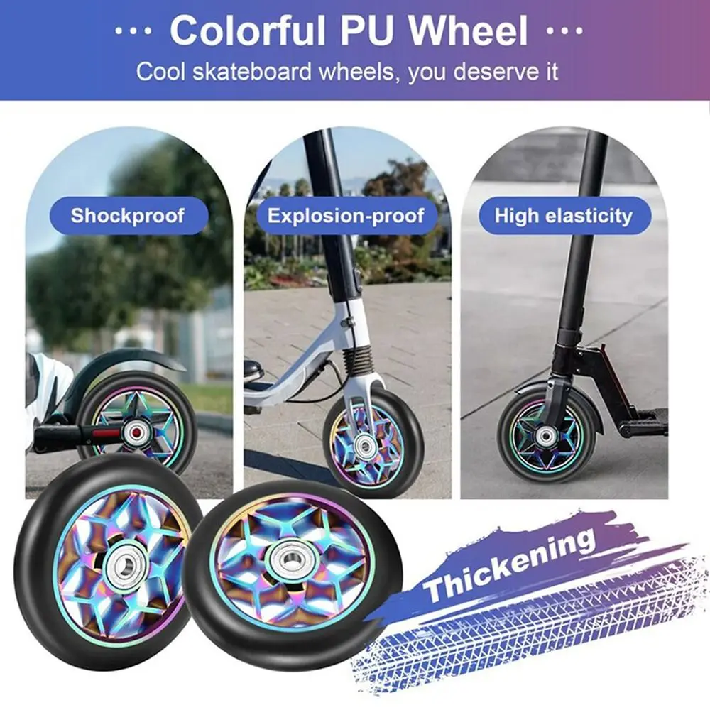 무소음 110mm 스쿠터 바퀴 두꺼운 다채로운 Pu 휠 교체 알루미늄 합금 안정적인 롤러 휠 부품 성인 어린이