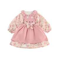 Baby Girls 2PCS Strappy Dress Set Spring Autumn Bowknot Cartoon Eyes Suspender Dress Floral Dress Suit Children Girls Outfits 5