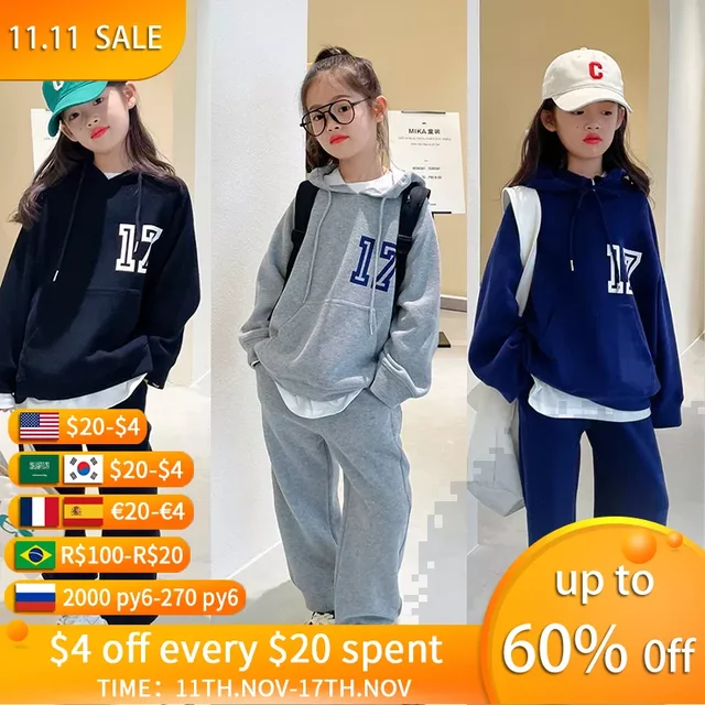 Stay Warm and Stylish: The Spring Autumn Junior Girl Sports Sweatshirt Suit Kid Cold Clothing Children Plush Hooded Sweater and Pants 2Pcs Tracksuit 3-14Y