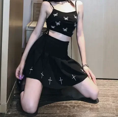 블랙 하이 웨스트 미니 스커트 펑크 플리츠 빈티지 스커트 고딕 streetwear 크로스 프린트 플리츠 여성 스커트 로리타 하라주쿠 스커트