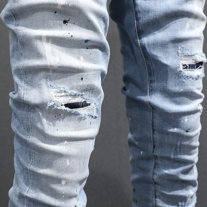 Street Fashion Men Jeans Retro Light Blue Slim Fit Elastic Hole Ripped Jeans Men Stretch Trousers Painted Designer Hip Hop Pants