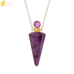 Natural Stone Cone Perfume Bottle Necklace with Healing Clear Quartz Crystal Pendant and Essential Oil Diffuser (Amethyst G)