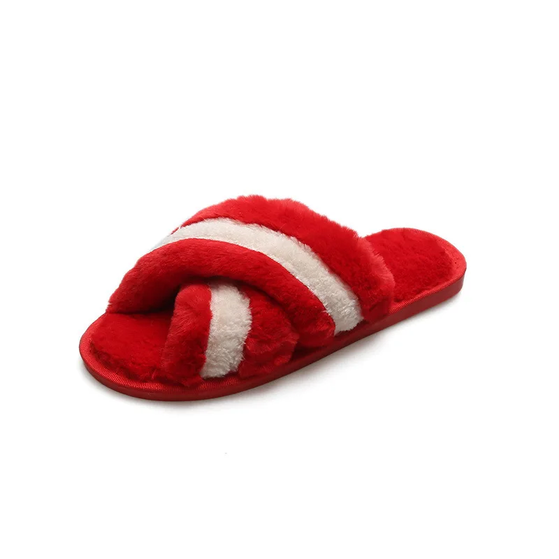 Color matching cross plush slippers women's indoor plush flat open toe cotton slippers BF10