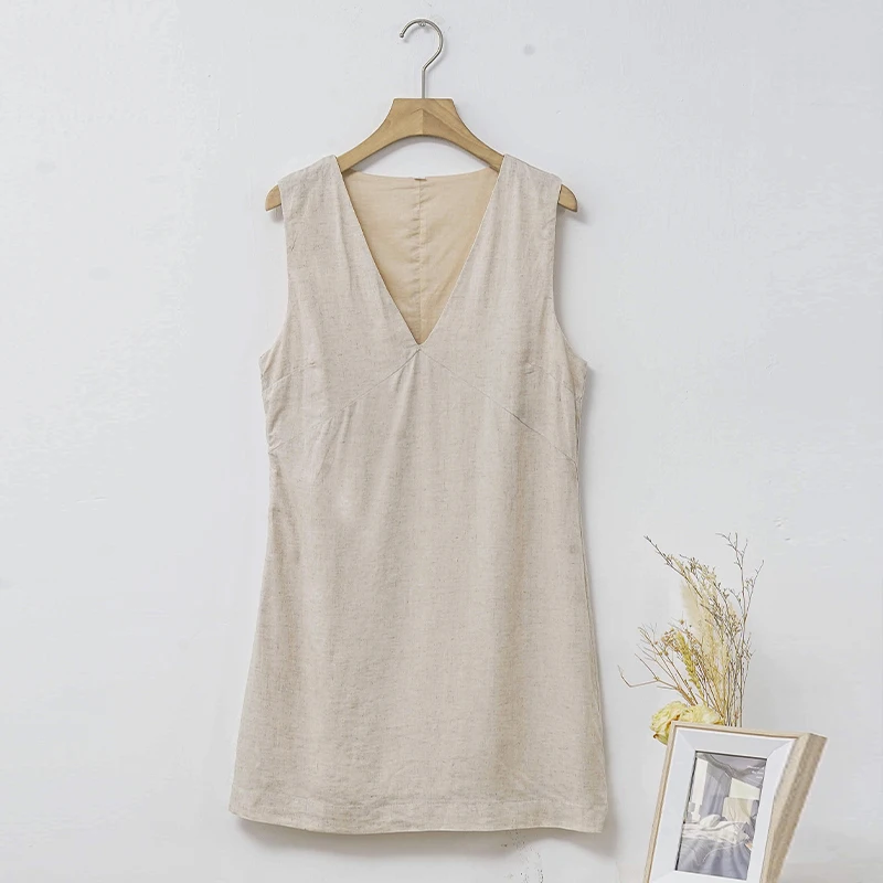 Casual Linen Sleeveless Dress Elegant Women's Sexy V-Neck Chic