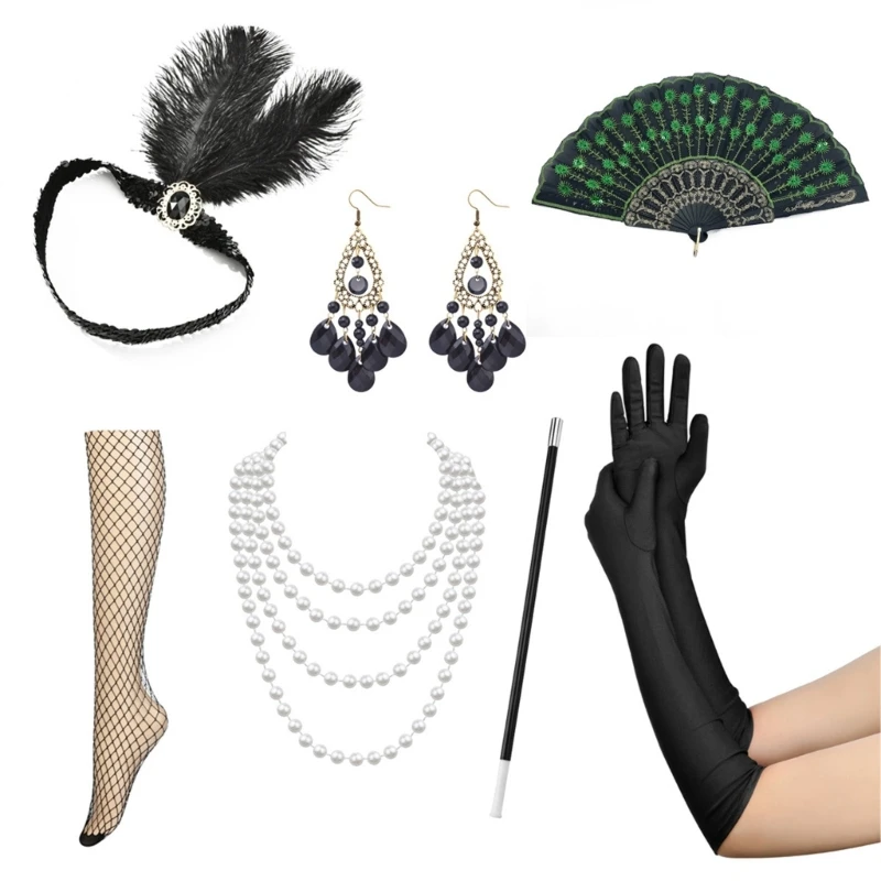 

Retro Headband Gloves Set 1920s Costume Accessories for Women, with Feather Headband Satins Gloves Faux Pearl Necklace