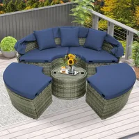 Round Outdoor Daybed, Wicker Rattan Sectional Sofa Set w/Retractable Canopy, Washable Cushions & Height Adjustable Co 2