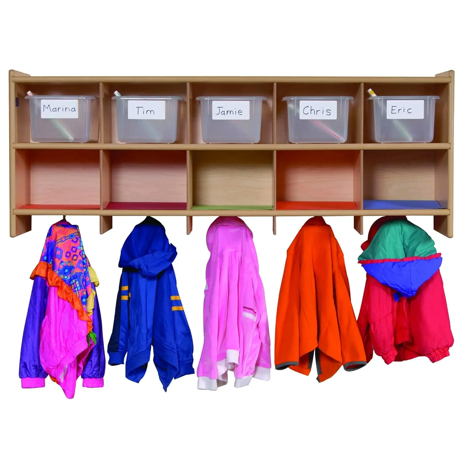Angeles 10-Section Wall Locker, Classroom Organization, Cubbies for Daycare, Preschool, 12"D x 48"W x 19"H