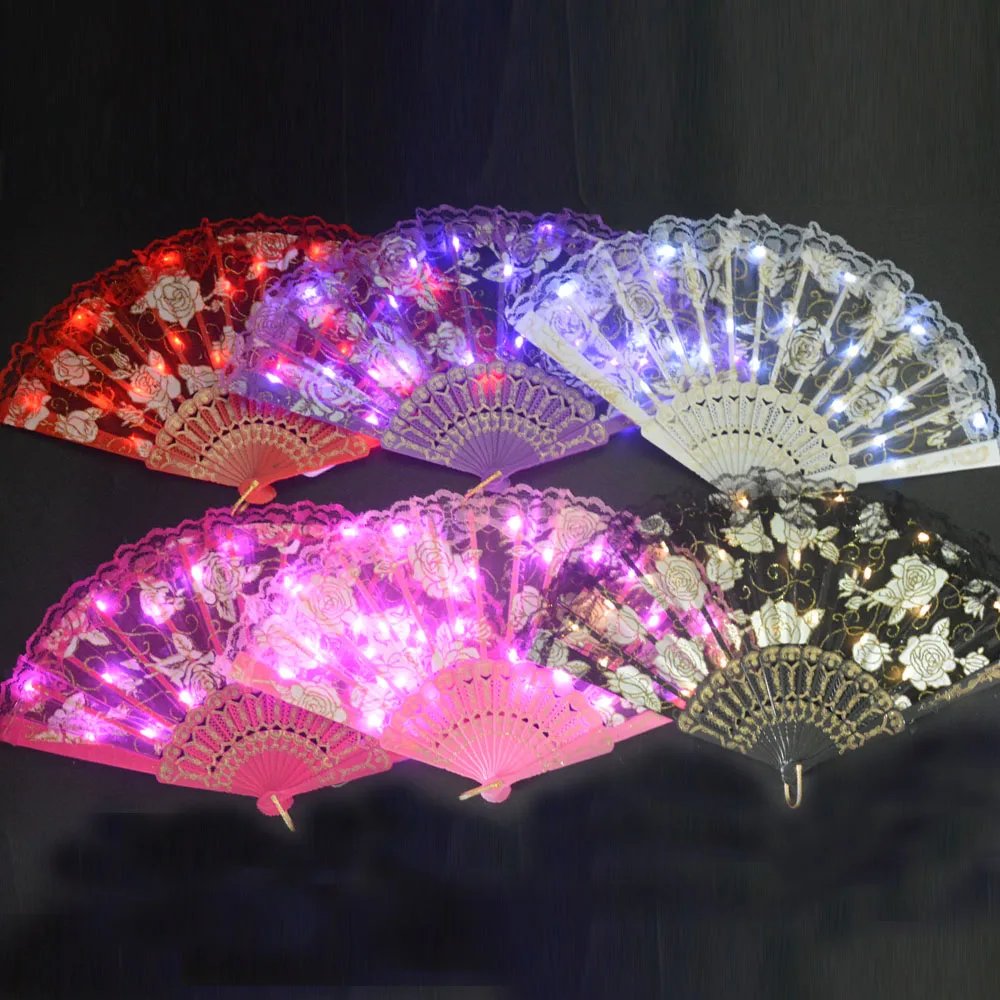 

Rose Lace Floral LED Glow Light Up Hand Fan Dance Show Church Birthday Gift Wedding Luminous Bar Props Carnival Neon Party