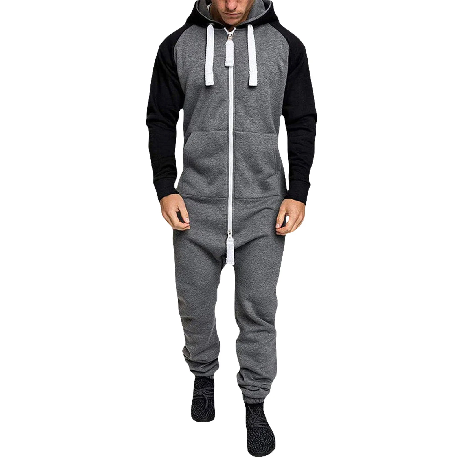 Men Jumpsuits Mens Hooded Jumpsuit Contrast Zipper Front Long Sleeve Full Length Romper with Pockets Winter Fall Clothes