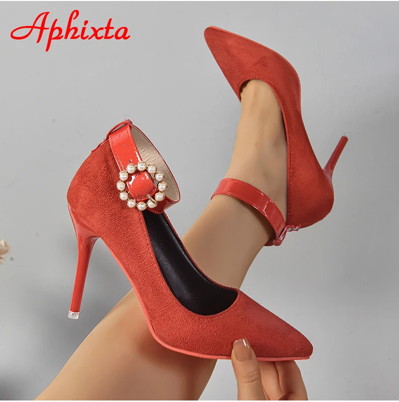 Aphixta Round Pearl Metal Belt Buckle 10cm Stiletto Heels Flock Pumps Women Banquet Shoes Strap Pimp Pointed Toe Big Size 35-50