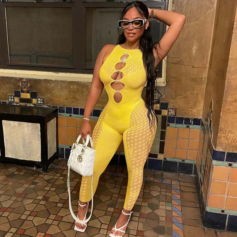 

Sexy Mesh See Through Jumpsuit for Women Party Night Sleeveless Hollow Out patchwork Rompers One Piece Jumpsuit Birthday Outfits
