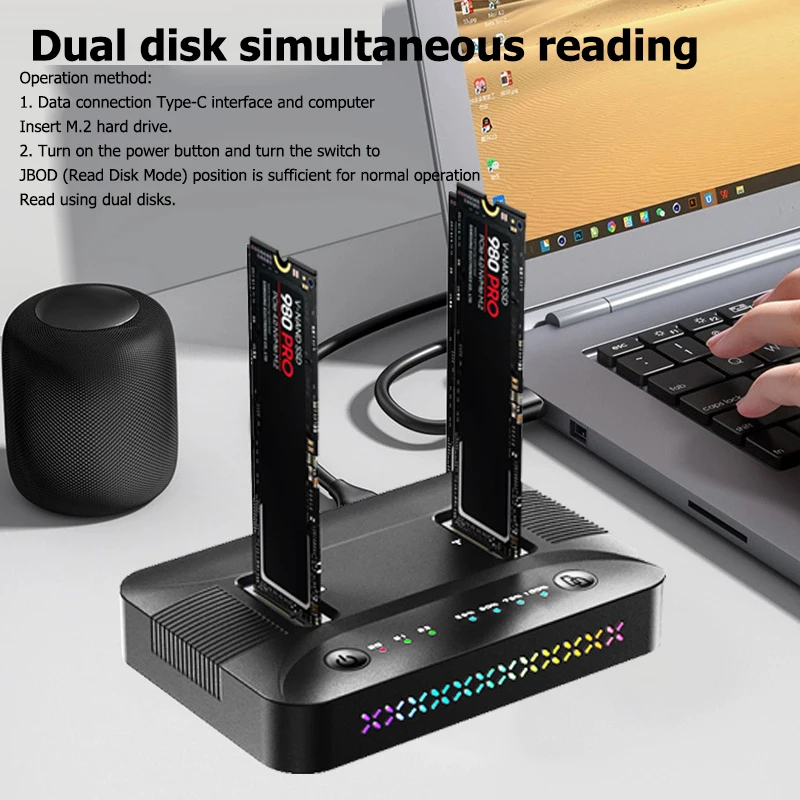 M.2 NVMe/SATA SSD 케이스 듀얼베이 도킹 스테이션 10Gbps 오프라인 복제 하드 디스크 복사기 RGB 조명 GEN2 SSD 어댑터 인클로저