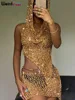 Weird Puss Sequins Women 2piece Set Sexy See Through Irregular Backless Hooded Tank Tops+Peach Hip Skirts Midnight Clubwear Suit 2