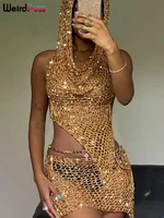 Weird Puss Sequins Women 2piece Set Sexy See Through Irregular Backless Hooded Tank Tops+Peach Hip Skirts Midnight Clubwear Suit 2