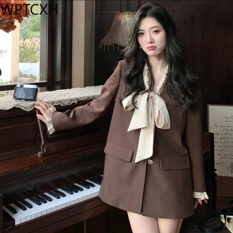 WPTCXH Fashion loose Casual jacket Overcoat Autumn Temperament Blazer Woman 2024 Vintage Long-Sleeved V-neck Bow Women's Blazers