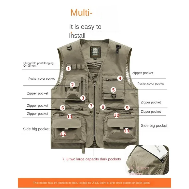 Waterproof Mens Jackets and Coats Sleeveless Jacket Camping Vest Multi-pocket Windbreaker Hunting Tactical Men Large Size Men's
