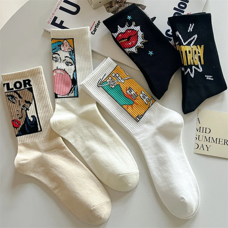5 Pairs Of Men's New Autumn And Winter Fashion Couple Socks Men's Interesting Cartoon Sweat Absorbent Breathable Cotton Socks