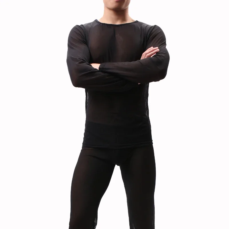 Men Sexy Pajamas Suit Ice Silk Ultra-Thin Perspective Undershirt Pants Home Clothes Suit Gauze High Elastic Night Club Wear pajamas set,silk pajamas,man pajamas set