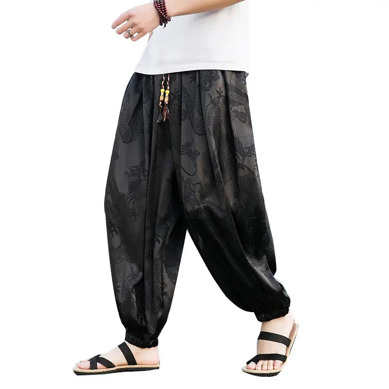 Summer Fashion Printing Casual Elastic Waist Lantern Pants Man Vintage Harajuku Loose Pockets Patchwork Ice Silk Fabric Trousers