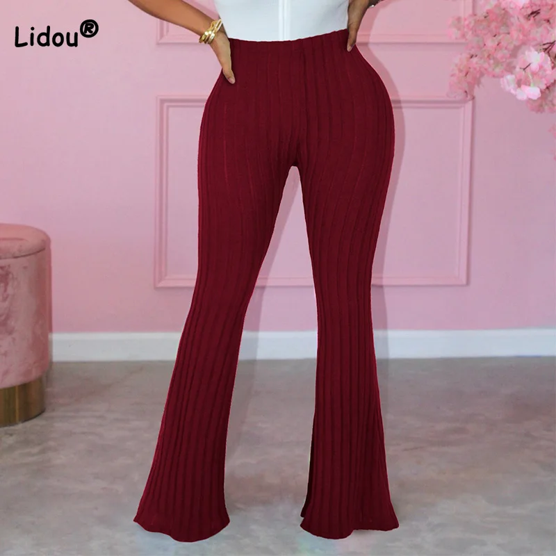 Spring Autumn Comfortable and Casual Large Pit Strip Sanding Micro Flared Pants Fashion Elastic Mid Waist Solid Womens Trousers