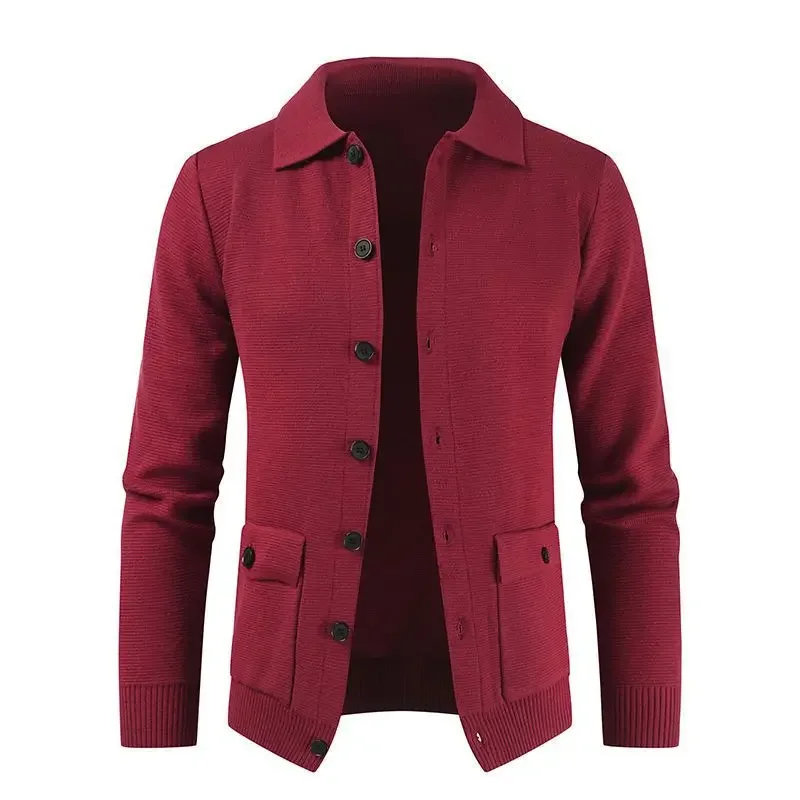 European and American Men's Fashionable Pure Color Lapel Pocketed Slim-fit Long-sleeved Knitted Sweater for Winter. M-XXXL 4