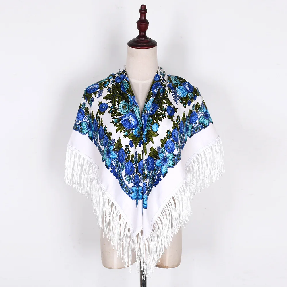 Russian Scarf Shawls Women Fringed Square Bandana Muslim Headscarf Hijab National Floral Blanket Scarves 110x110cm 2