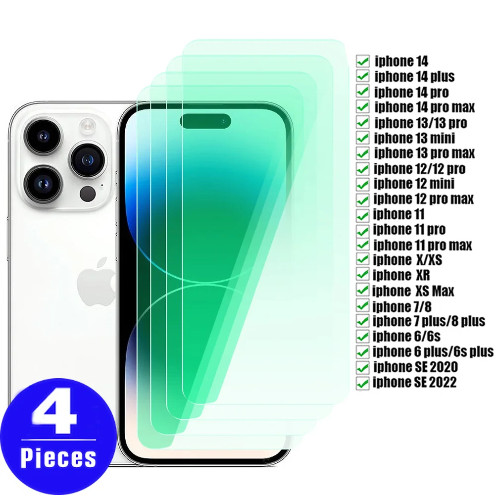 

4Pcs 9H Green Eye protection screen protector For iphone 14 pro 13 12 SE 2022 11 8 7 X XS max XR 6 6S plus mini Tempered Glass