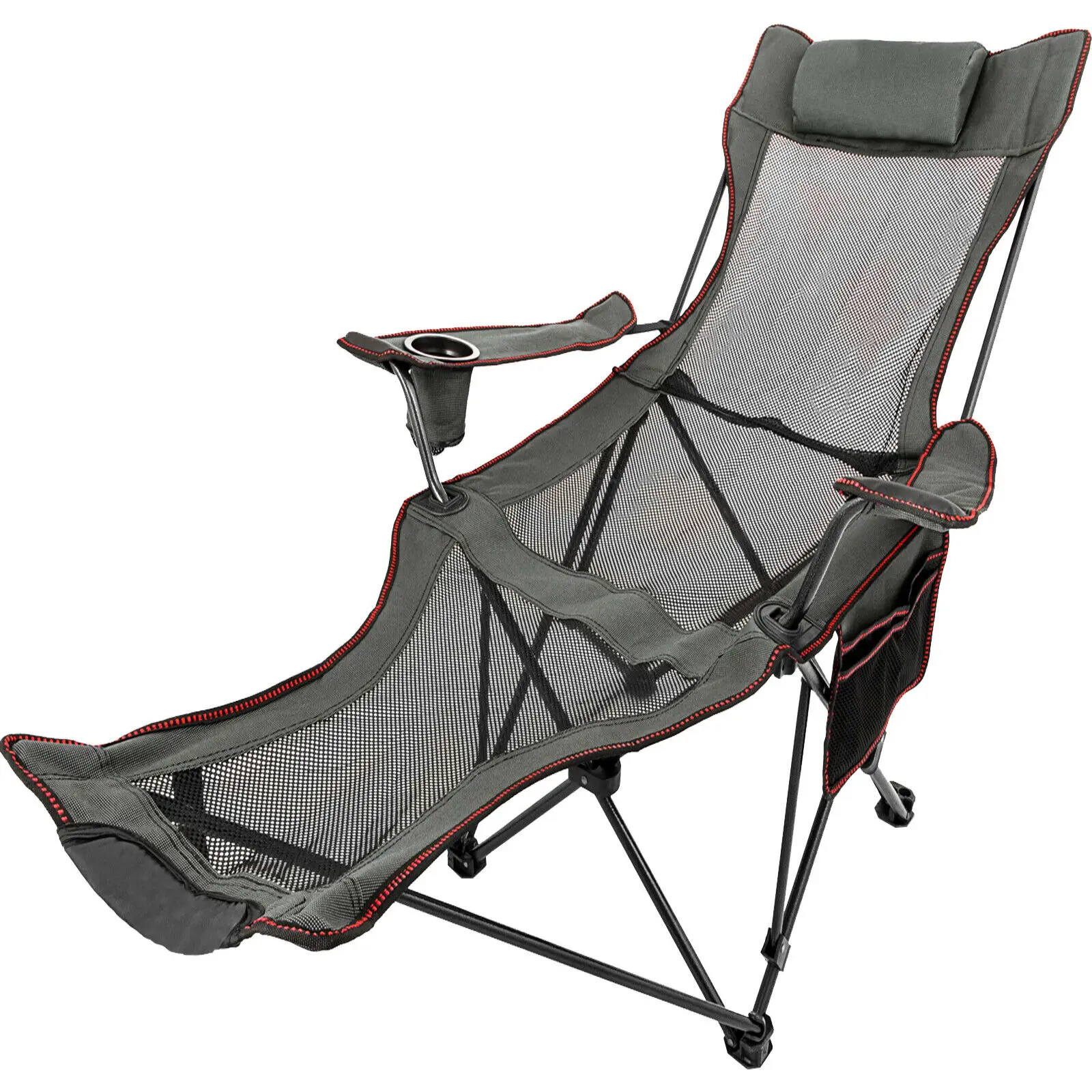 

Grey Reclining Folding Camp Chair With Footrest Nap Chair Breathable Portable