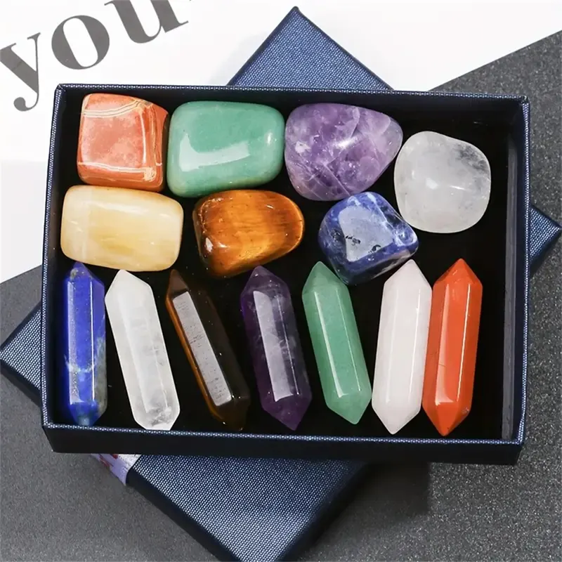 14pcs Natural Stone Chakra Crystal Column Set Color DIY