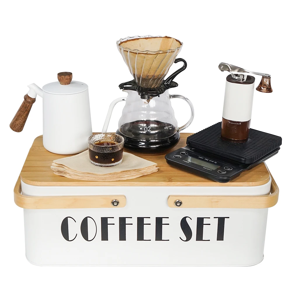 

Christmas Gift Coffee Maker Set With Pour Over Coffee Kettle Mug Manual Grinder Filters Scale Metal Box for Home Outdoor