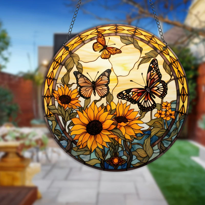 

Butterfly Printed Acrylic Hanging Sign Suncatchers Stained Window Suncatcher Decoration Families Round Porch Colorful Home Decor