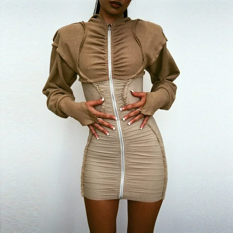 

Женское повседневное лоскутное облегающее мини-платье контрастных цветов, демисезонные плиссированные облегающие платья с капюшоном и длинным рукавом, уличная одежда на молнии