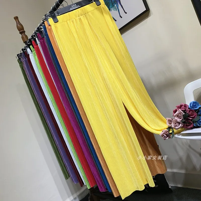Summer Thin Chiffon Wide Leg Pants For Women Casual Candy Color Loose Long Pants Lady Solid Color Straight Pleated Trousers