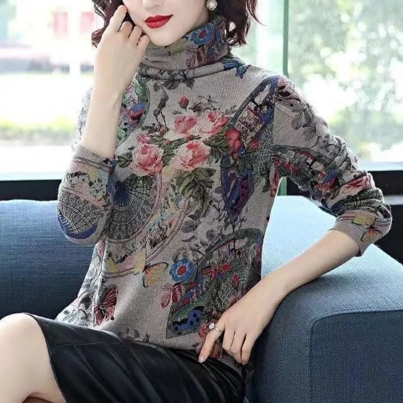 

2023 Autumn and Winter High Neck Long Sleeve Printed Slim Pullover Underlay Vintage Elegant Fashion Casual Office Lady Tops