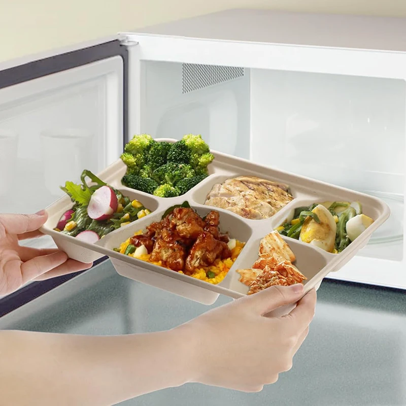 10/25Pcs Disposable Bagasse Paper Plates, 6-Compartment School Lunch Tray, Food Container, Takeout Deli Plate, Microwavable