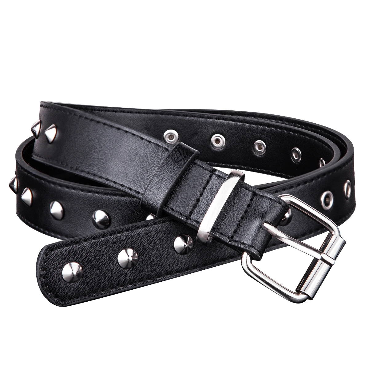 Chic Punk Women Belt PU Leather Double Pin Buckle Wind Jeans Female Black Grommet Belts Retro Long Waistband For Pants Unisex