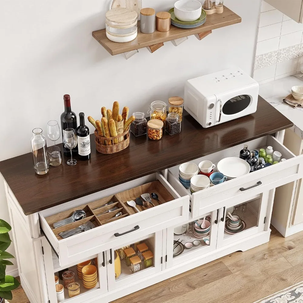 buffet cabinet with storage, 60" sideboard cabinet with 4 glass doors and 2 drawers, modern storage console with adjustable shel