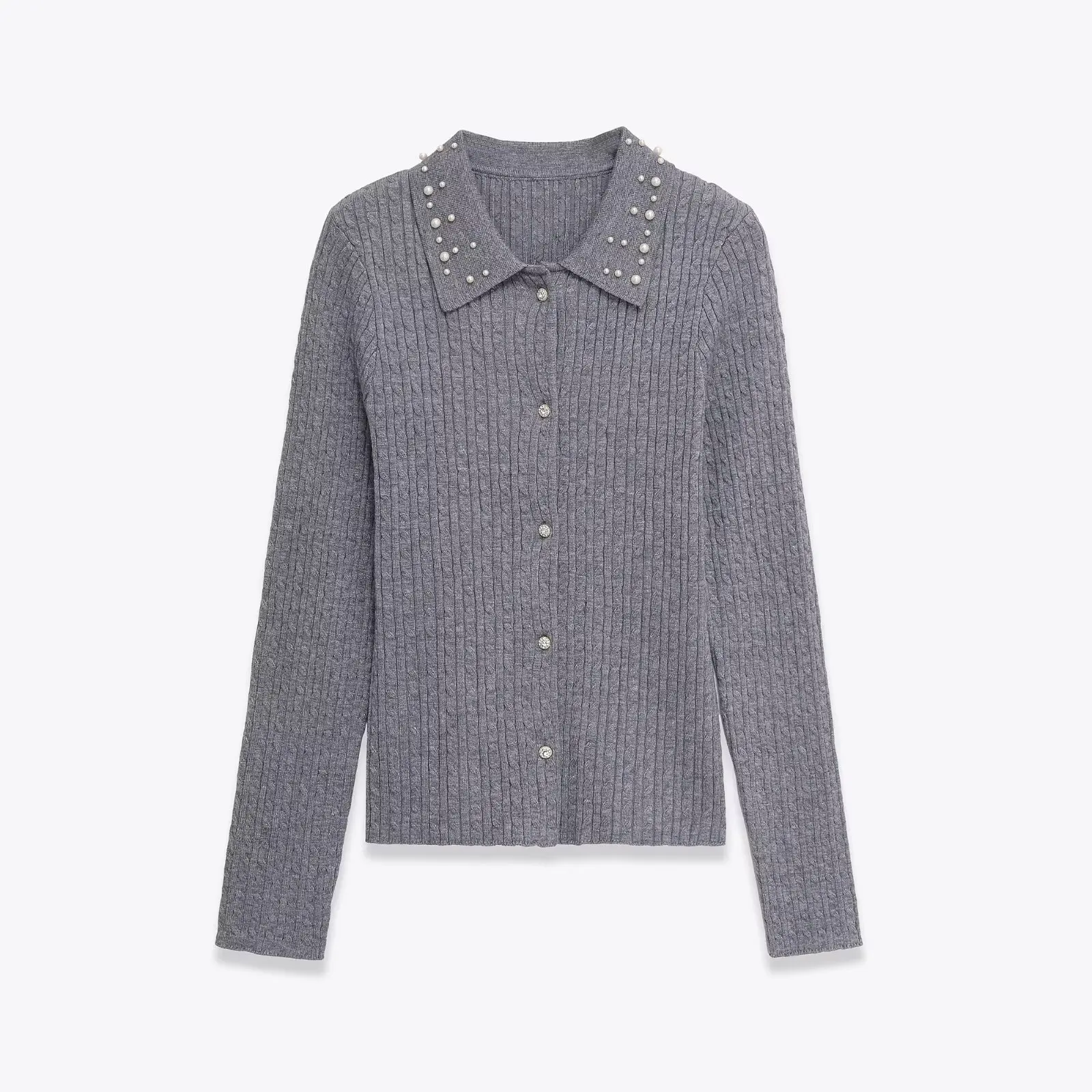 Women Autumn Winter Elegant Solid Short Knitted Sweater Female Turn-Down Collar Fashion Beaded Tops Lady Slimfit Cardigan Jacket