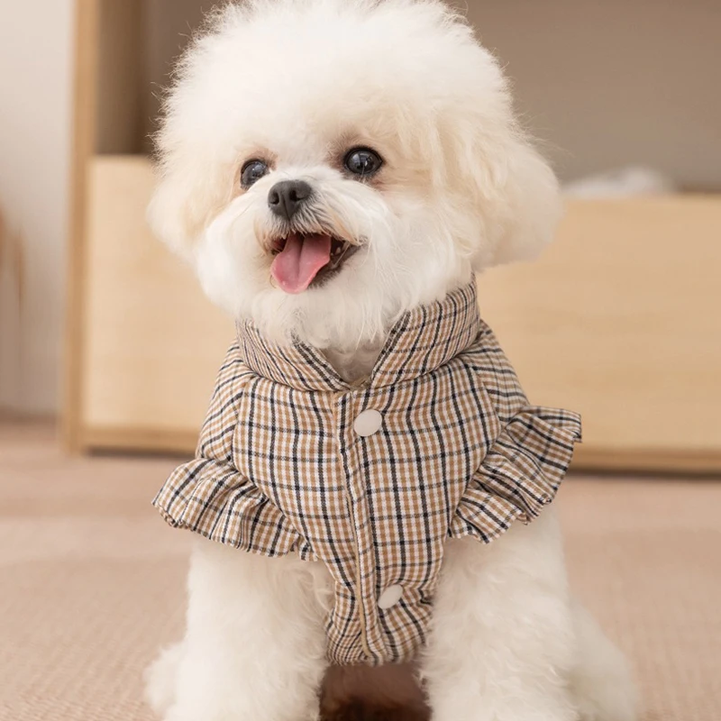 따뜻한 반소매 면 코트 겨울 공주 스타일 강아지 옷 패셔너블한 체크무늬 말티즈..